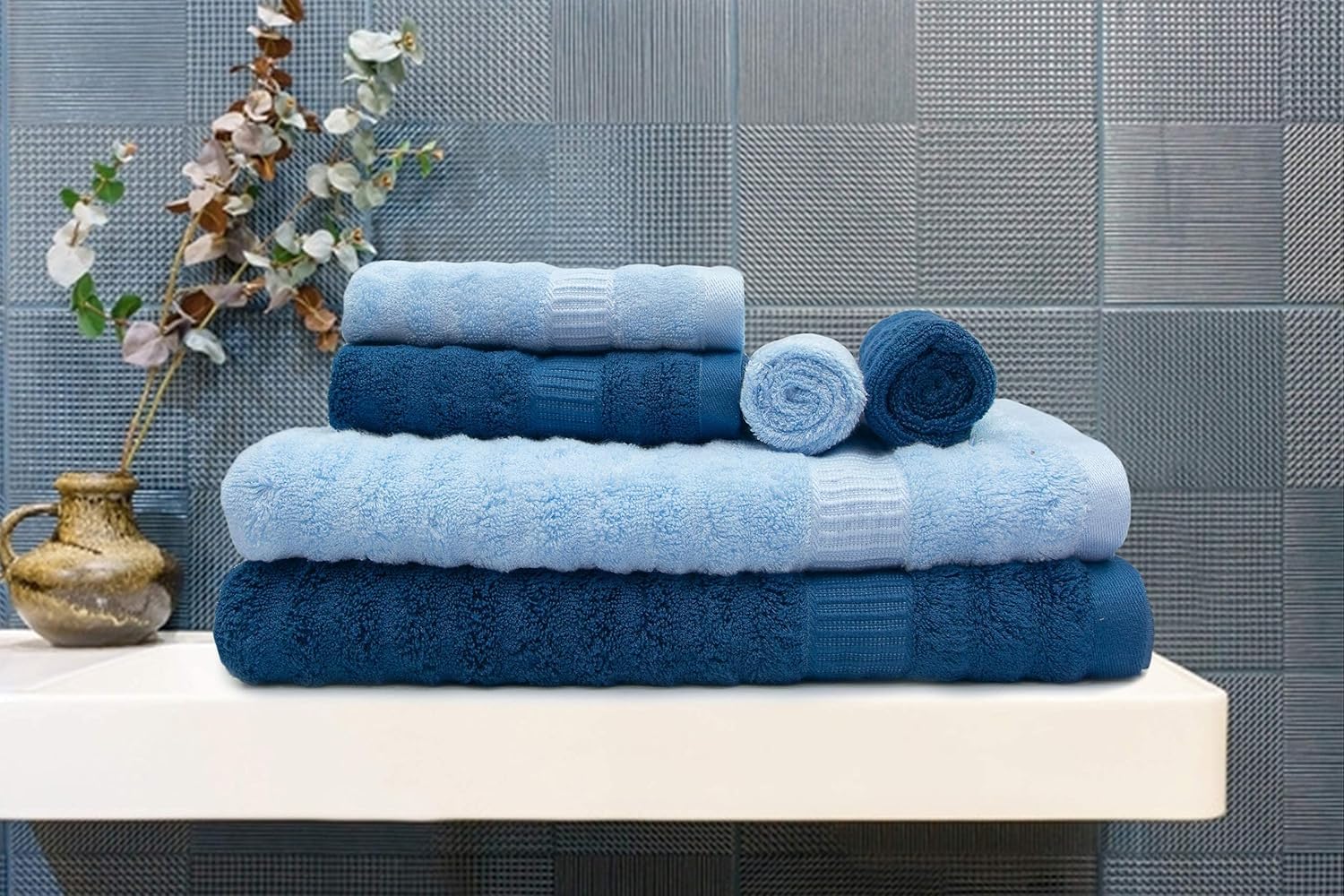 Mush Bamboo Bath Towels 600 Gsm | Ultra Soft, Absorbent & Antimicrobial Bath Towel, Hand Towel & Face Towel | Navy & Sky (6 Piece)