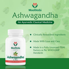 Moolveda Ashwagandha Tablets, Energy, Stress Relief & Immune Support, Improves Strength, Energy & Overall Wellbeing | Rejuvenates Mind & Body | 60 Veg Tablets 100gm 0.2lbs
