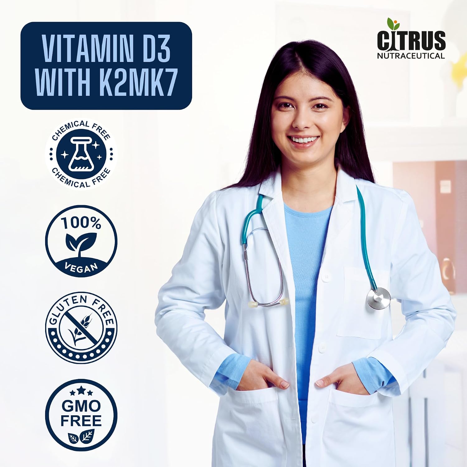 Citrus Nutraceutical Vitamin D3 With K2mk7 Supplement | Supports Immunity, Stronger Bone & Heart Health | 60 Veg Capsules, 100gm 0.2lbs