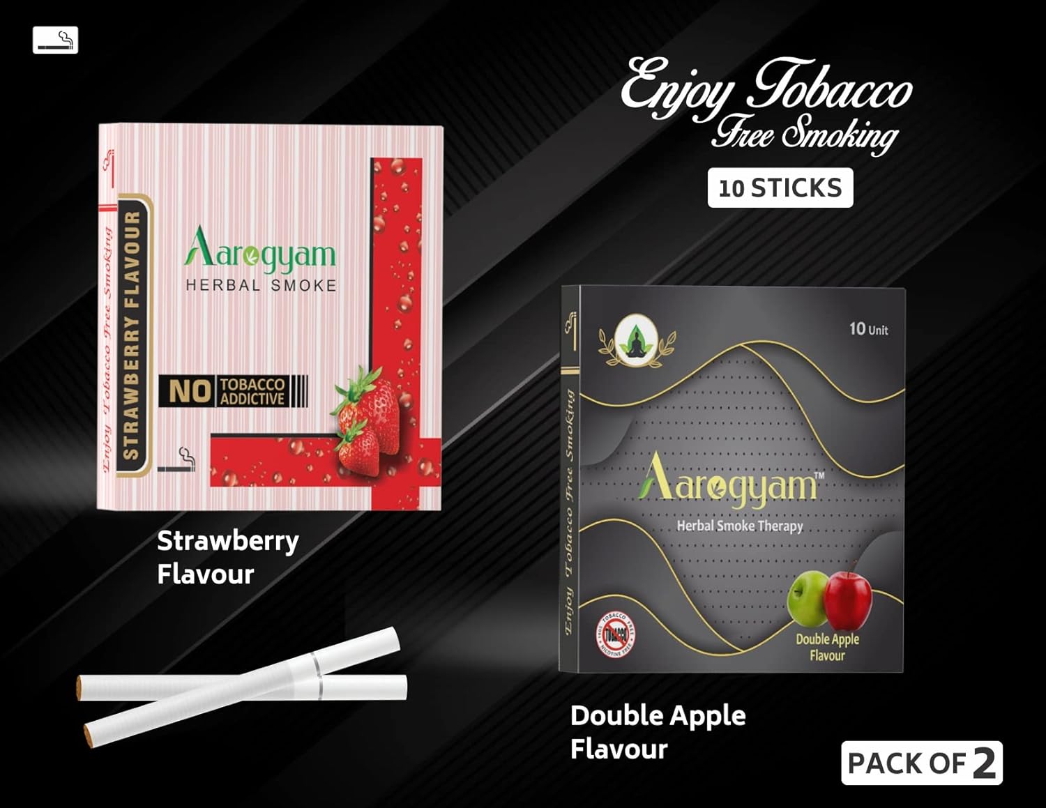 Aarogyam Herbals Pack Of 2 Flavours 100% Tobacco & Nicotine Free Cigarette For Relieve Stress & Mood Enhance Product Double Apple - Strawberry - 10 Sticks X 2 Packets