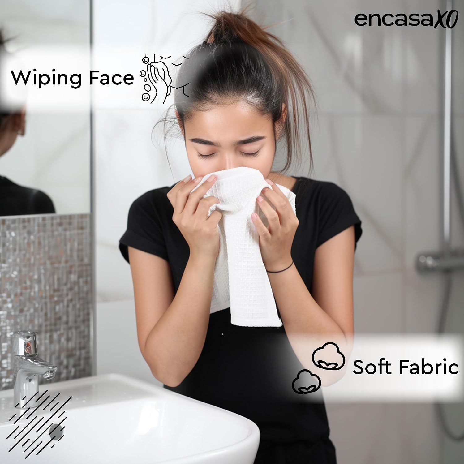 Encasa Xo Kitchen Hand Towels Set 150 Gsm | Waffle Weave & Flat Hand Towel | Quick Drying Reusable Cotton Washcloths | Set Of 6 (White)