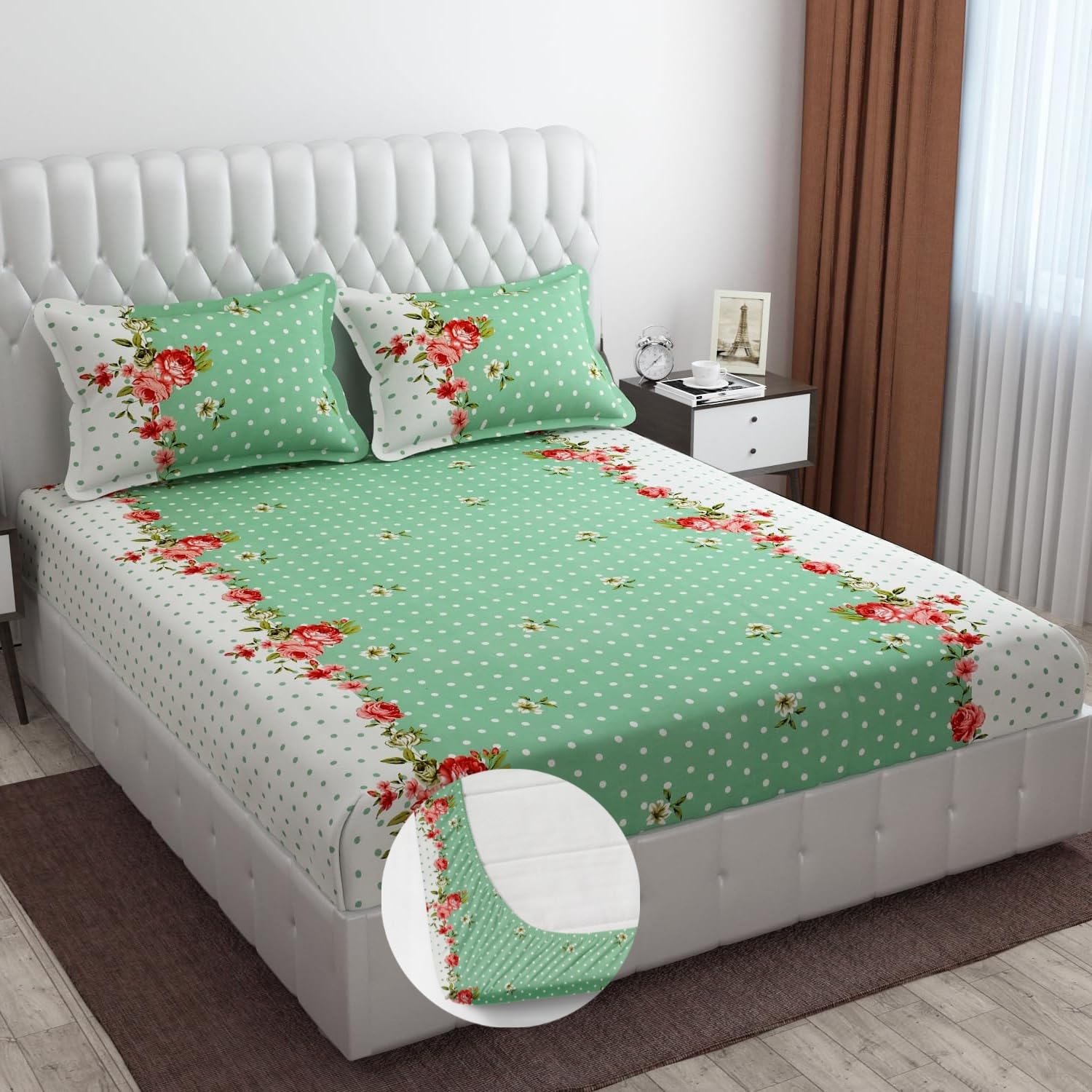 Heavy Cotton Elastic Fitted Bedsheet For King Size With 2 Matching Pillow Covers - 72 X 78 X 10 Inch, Green & White | Super Soft Breathable & Wrinkle Free