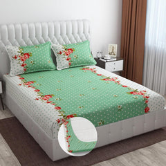 Heavy Cotton Elastic Fitted Bedsheet For King Size With 2 Matching Pillow Covers - 72 X 78 X 10 Inch, Green & White | Super Soft Breathable & Wrinkle Free