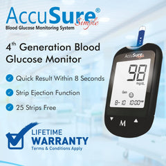 AccuSure Instant Digital Simple Glucometer Kit With 25 Strips+ 10 Lancets+ 1 Lancing Device For Accurate Blood Glucose Sugar Testing Machine