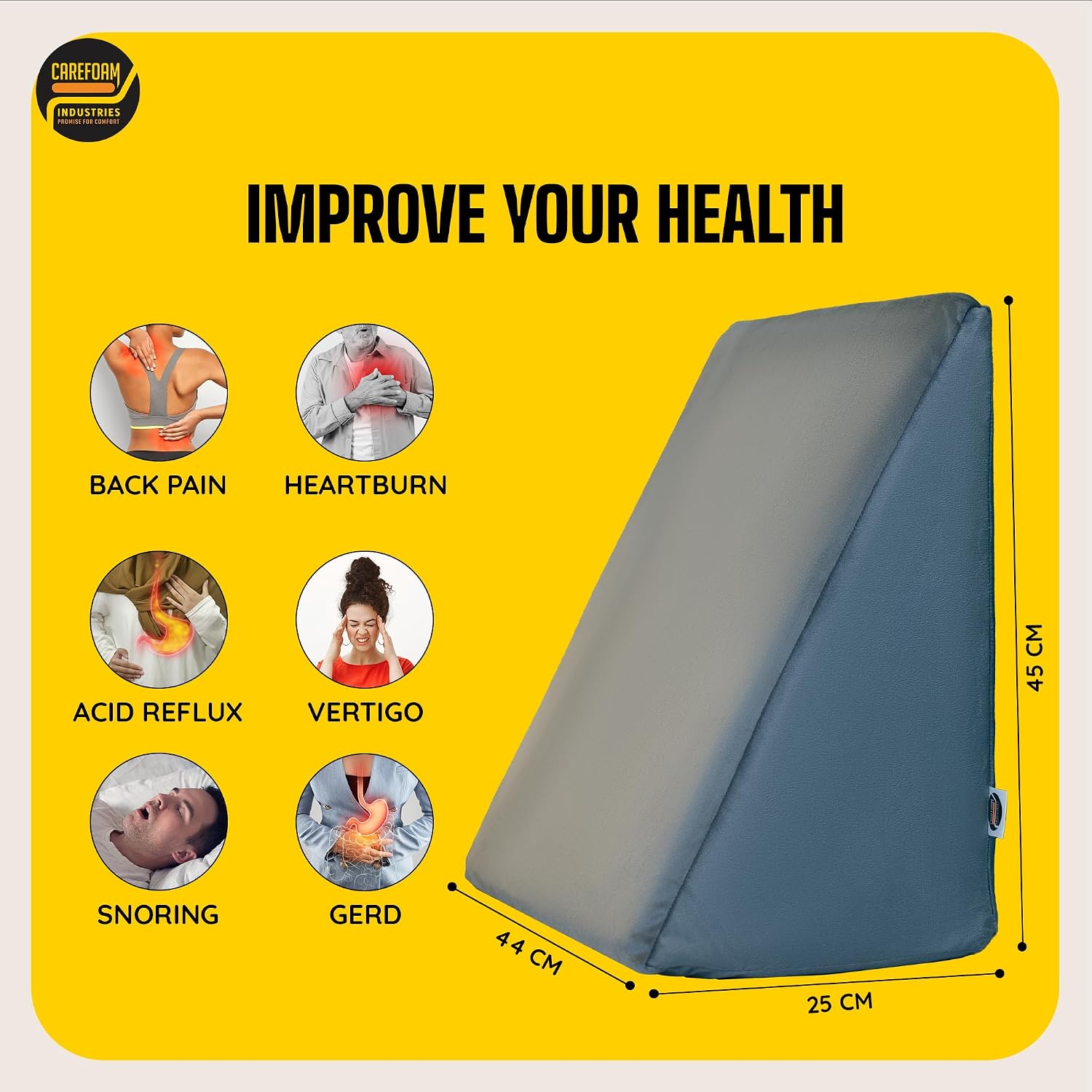 Wedge Pillow Memory Foam For Back Support, Grey Standard Size - 18 L X 17.5 W X 10 H Inch | Wedge Cushion Pillow, Acid Reflux, Snoring, Gerd, Leg Elevation, Pregnancy | Bed Wedge Pillow