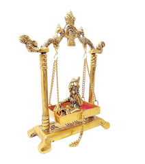 Laddu Gopal Ji On Jhula Metal Statue, Golden Krishna Murti, Religious, Occasion, Perfect Gift For Janmashatmi, Handicrafts, Ideal For Gift & Home Décor