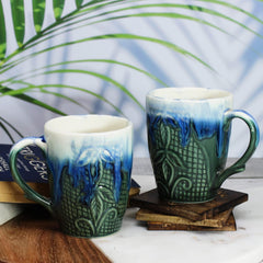 Handcrafted Charcoal Ice Burst Carved Ceramic Coffee Mug Set Of 2 - 350ml Each | Ceramic Mugs For Coffee, Tea, Milk - Microwave Safe & Dishwasher Safe
