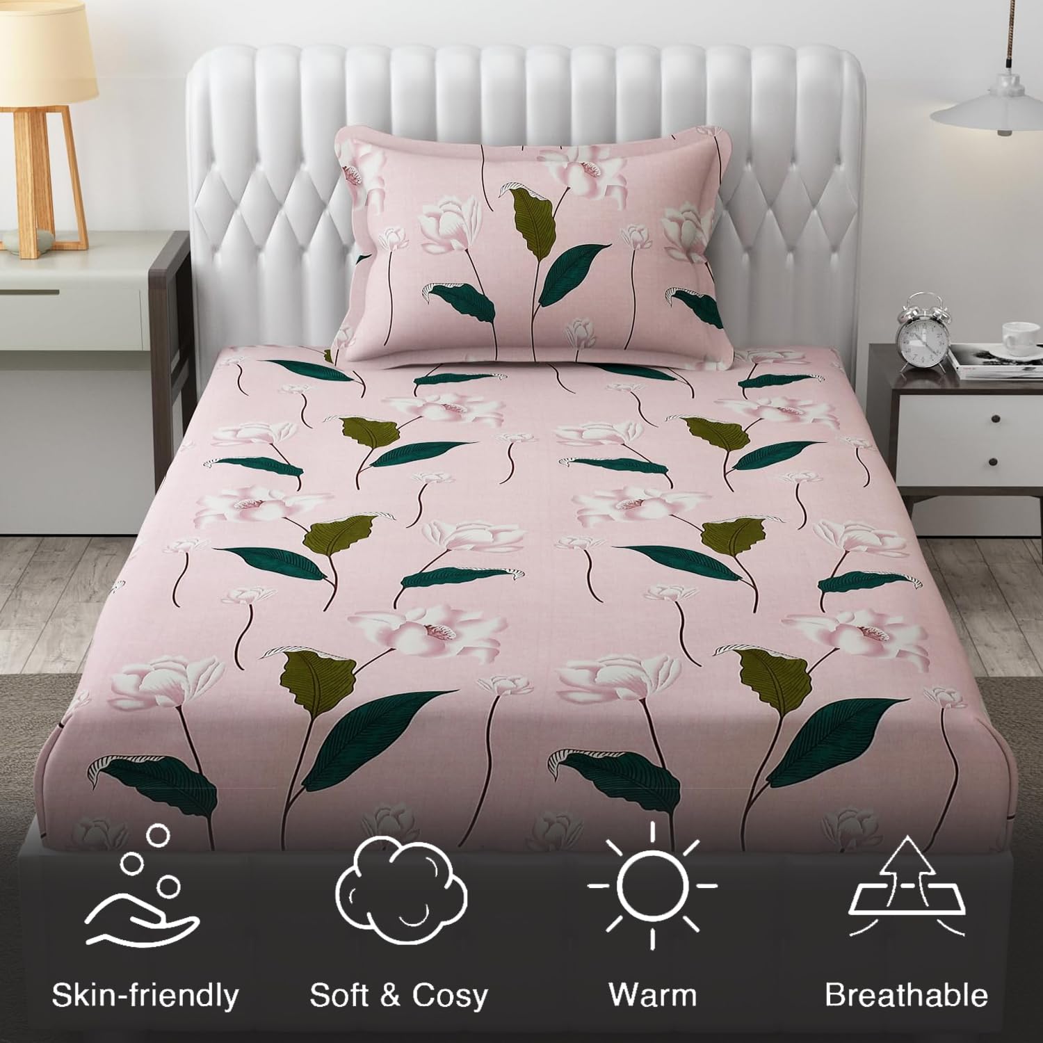 Microfiber Single Bedsheet Set With 1 Pillow Covers (60 X 90 Inches) Pink & Green | Durable & Long-Lasting | 144 Thread Count | Wrinkle Free