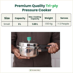 Triply Stainless Steel Pressure Cooker Outer Lid For 1-2 People | Very Small, 2 Liters, 1.5 Kg - Induction Friendly, Nonstick 3-Layer Construction, 5 Years Warranty