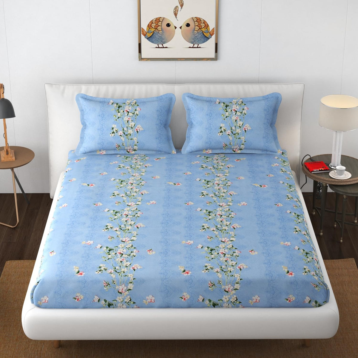 Elastic Fitted Double Bedsheets For King Size With 2 Pillow Covers - 72 X 78 X 10 Inches, Sky Blue | Premium Heavy Cotton All Around Elastic Fitted | Ideal For Hotel, Home, Bedroom