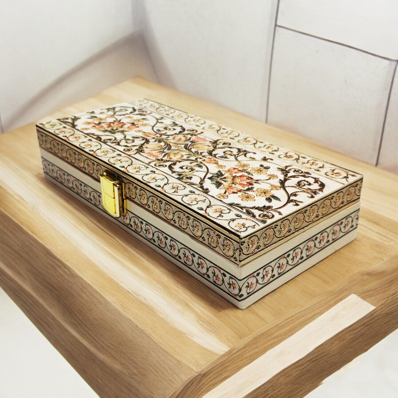 Classic Design Gold Plated Mgi Floral Decorative Box, Wedding Fancy Shagun Cash Box, Jewellery Box, Money Box, Gaddi Box, Colour - Cream, Style - Traditional