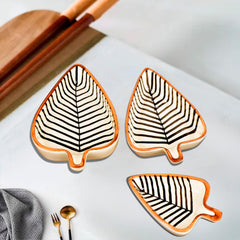 Leaf Shaped Hand Painted Ceramic Glossy Tray - Set Of 3, White, Black Lines | For Serving Cookies, Dry Fruits, Sweets & Snacks, Length – 16 Cm, 15 Cm & 12 Cm | Small Platter Set