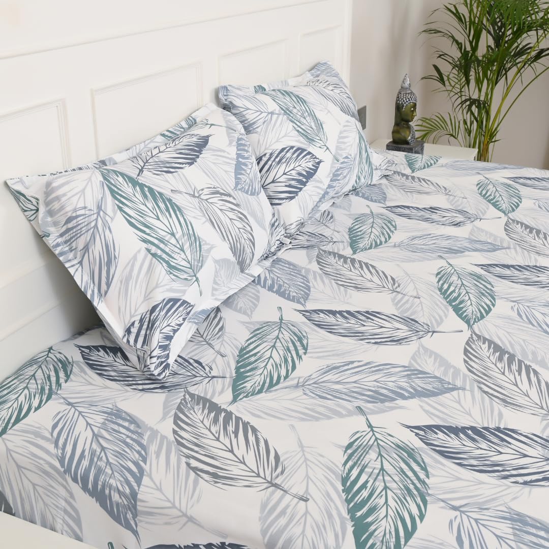 Elastic Fitted Bedsheet Double With 2 Pillow Covers | King Size - 72 × 78 X 8 Inches, White & Grey | Durable, Fade Resistant & Easy-Care Pure Cotton