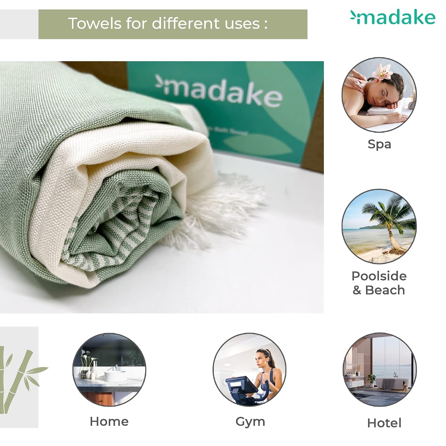 Madake Bamboo Ultra Soft & Thin Turkish Towel 454 Gsm | Quick Dry, Super Absorbent | Extra Large Bath Towel For Men & Women (Malabar Green)