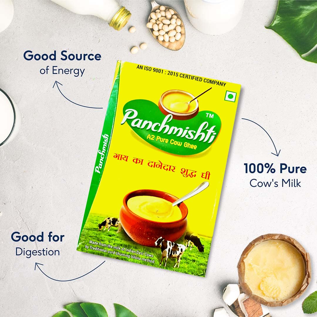 Organic Pure A2 Pure Ghee By Panchmishti | Good Source Of Vitamin A & Healthy Desi Danedar Cow Ghee Perfect For Laddus | (1 Litr) 33.8 Ounce | Box Pack