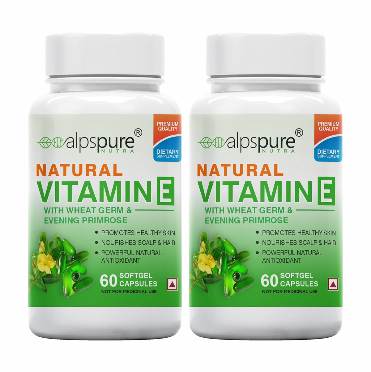 Alpspure Nutra Natural Vitamin E Softgel Capsules Natural Source For Skin, Hairs & Body Care, Immunity Booster, Controls Wrinkling & Skin Roughness | 60 Softgels , 100gm 0.2lbs , Each Pack Of 2