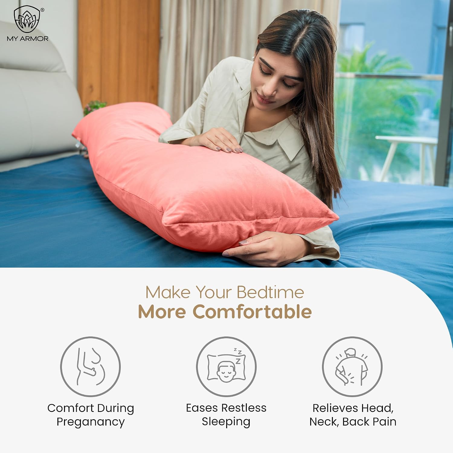 Microfiber Body Side Pillow For Sleeping For Pregnancy, Peach - 53 X16 Inch | Long Cuddle Pillow For Hugging, Relaxing, Washable, Premium Velvet Outer Cover With Zip, Adjustable Pillow