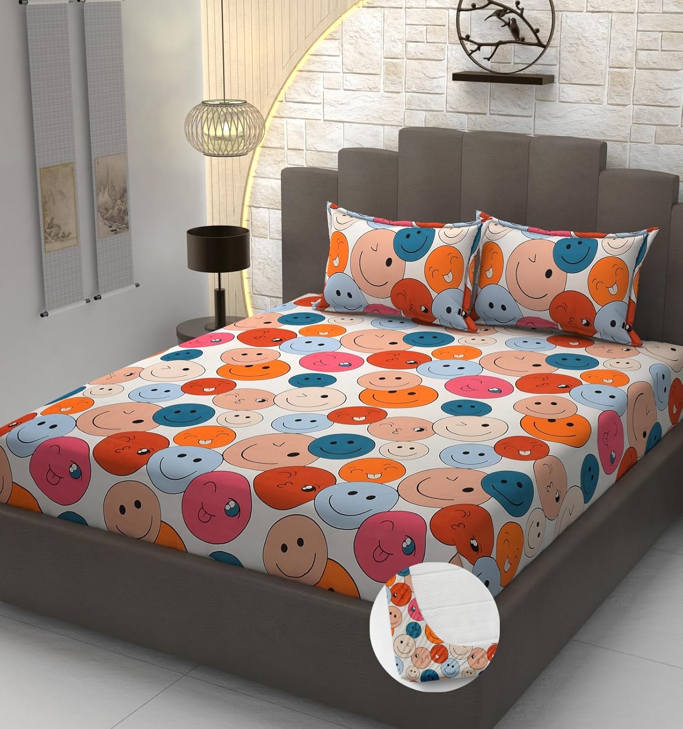 Premium Heavy Cotton Elastic Fitted King Size Bedsheet With 2 Pillow Covers - 72 X 78 X 10 Inches, Multicolor | All Weather Comfort & Bedroom - Softness & Natural Breathability
