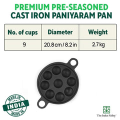 Super Smooth Black Cast Iron Paniyaram Pan With Free Wooden Picker - 9 Pit, 8.2 Inch, 20.8 Cm, 2.7 Kg | Induction Friendly, Pre-Seasoned Paddu Pan, 100% Pure & Toxin-Free, No Chemical Coating