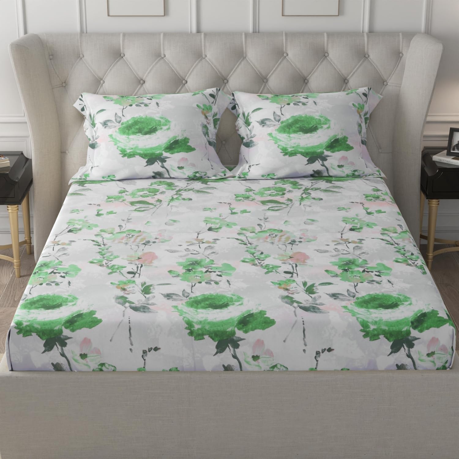 Cotton Elastic Fitted Double Bedsheet For King Size With 2 Pillow Covers - 78 X 72 + 8 Inches, White & Green | Soft Wrinkle Free & Breathable Elastic Bedsheets For King Size Bed