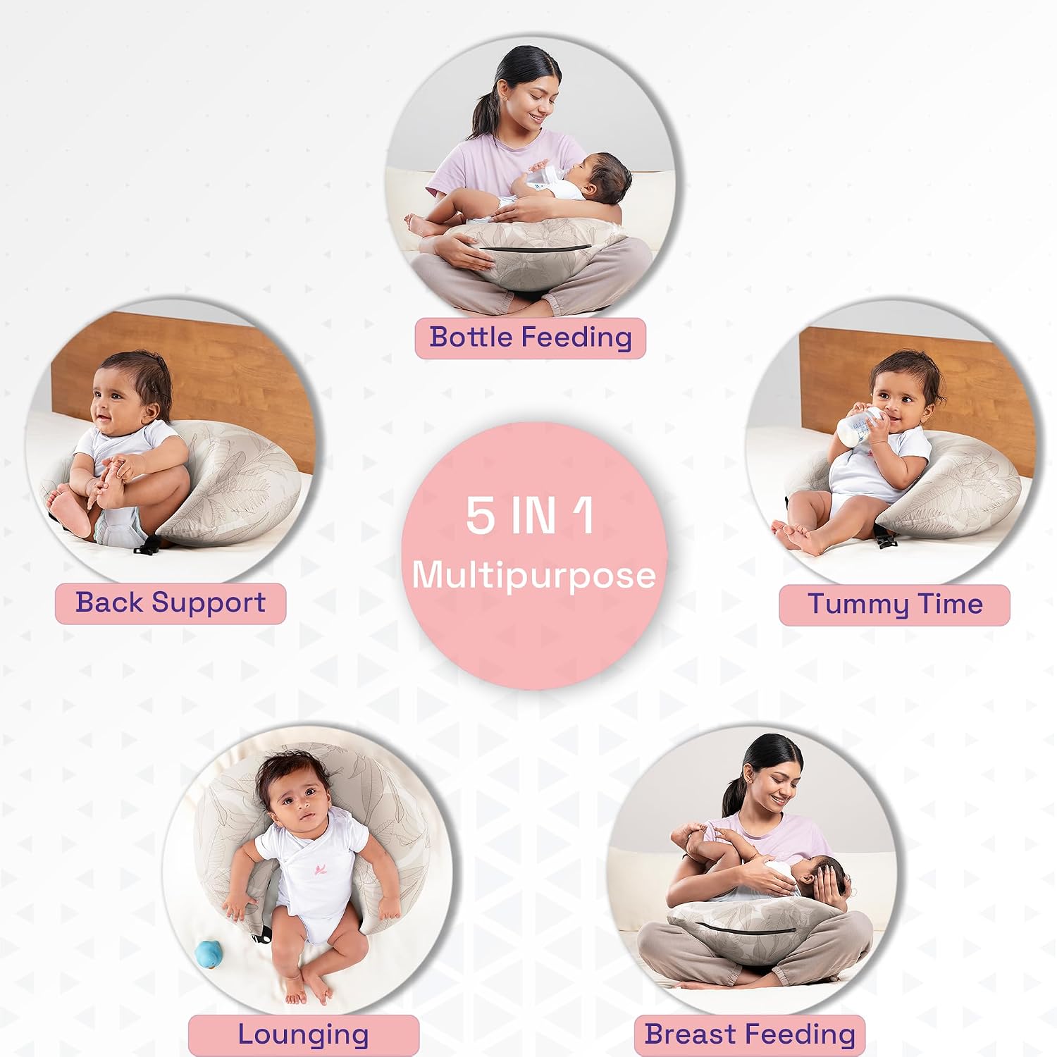 Feeding Pillow For New Born Baby, 5 In 1 Multipurpose Use, Nursing Pillow, Light Brown | For Breastfeeding With Cotton Removable Cover | Stay-Put Support For Every Position, Easy To Clean