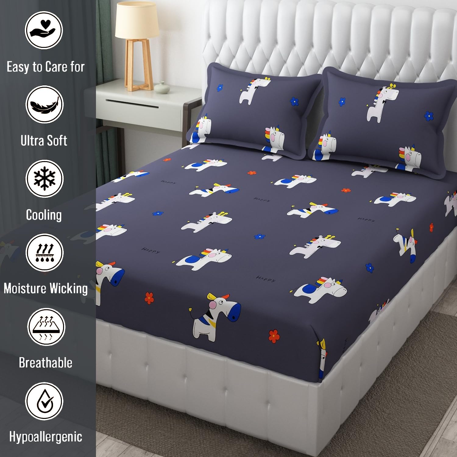 Wrinkle Free Soft Kids Double Bedsheets For King Size With 2 Pillow Cover | 90 X 95 Inches, Grey | Cartoon Printed Design | Child Bedroom Decor