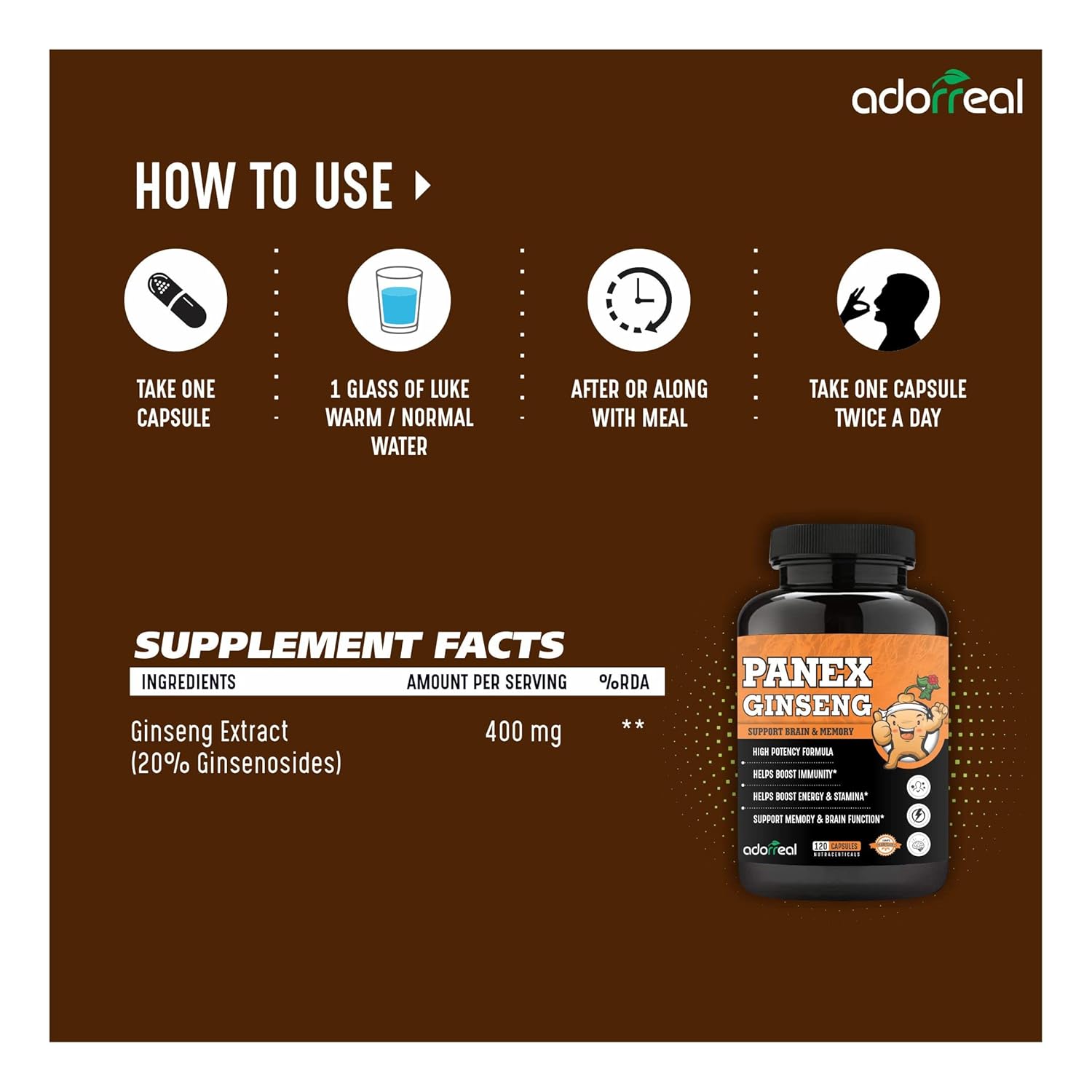 Adorreal Panex Ginseng High Potency Formula, Supports Brain & Memory, Boosts Immunity & Energy | 120 Capsules 150gm 0.3lbs