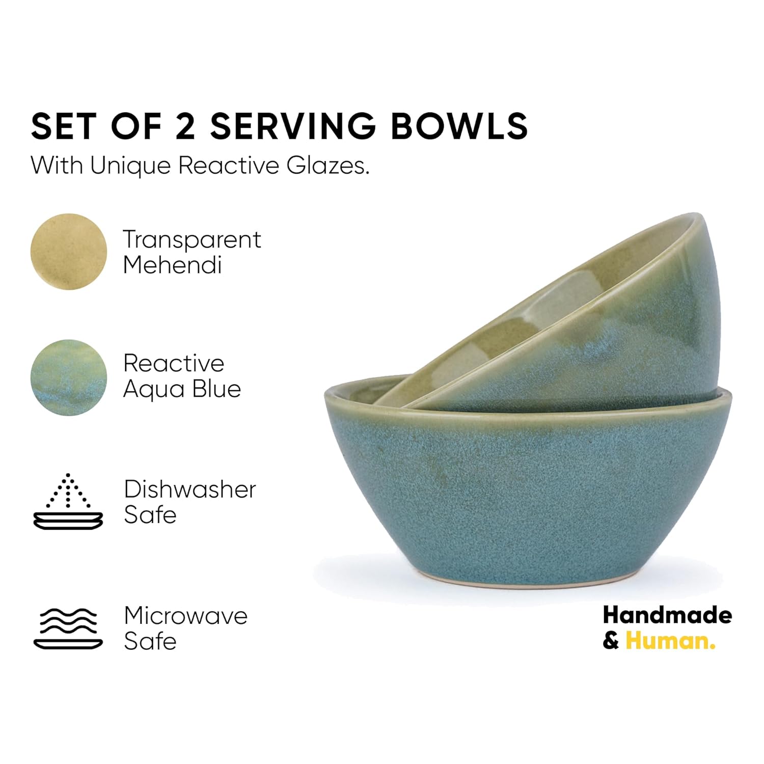 Ceramic Serving Medium Bowls Set Of 2 Pieces - 850ml Each, Green Blue Reactive | Premium Ceramic Bowls - Medium Size | Microwave Safe Bowls - Bowl Sets With Glossy Finish | Ceramic Bowls