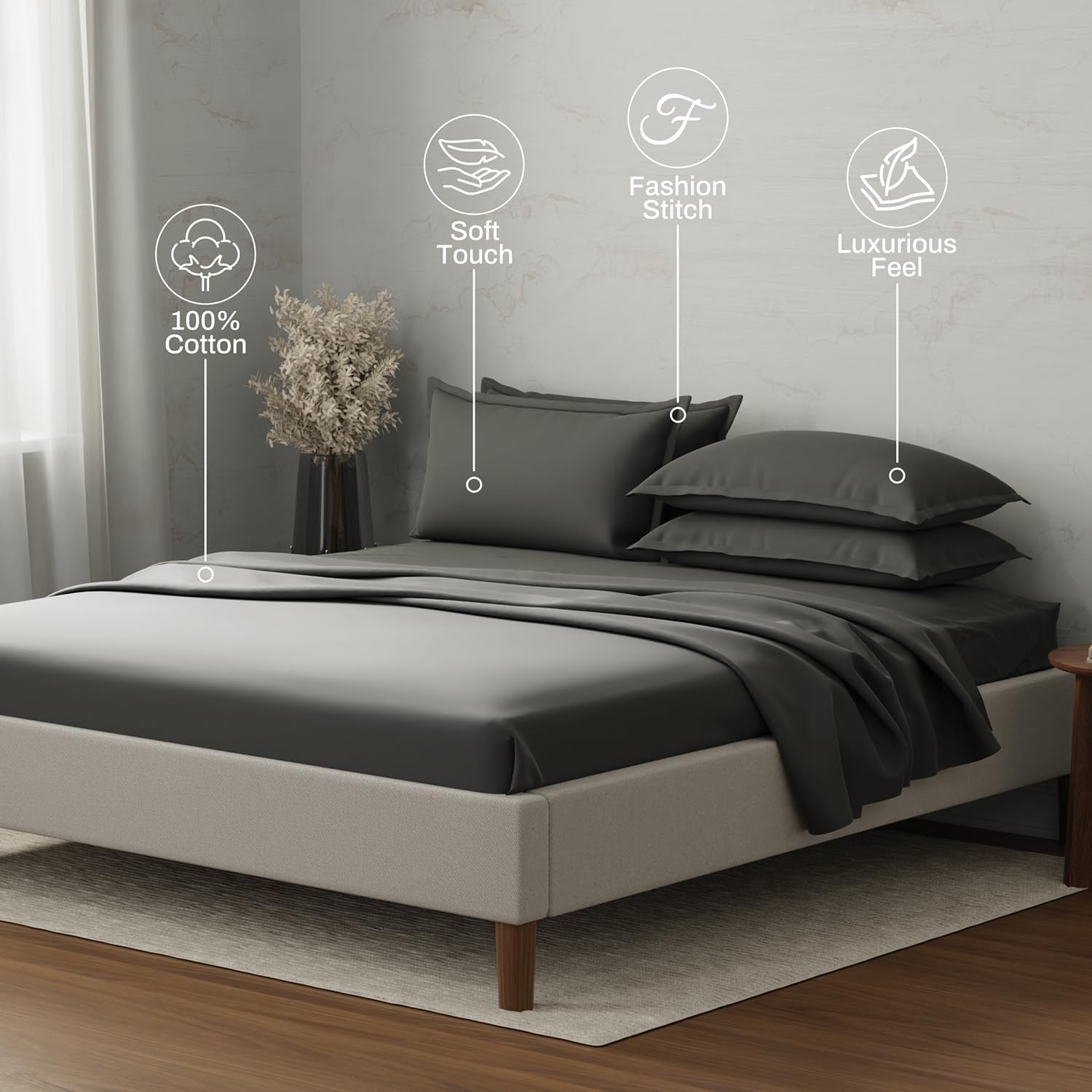 100% Cotton Plain Bedsheet Set With 4 Pillow Covers - 108 X 108 Inches, Grey | 300 Thread Count - Gift For Weddings Or Anniversary King Size Bedsheet