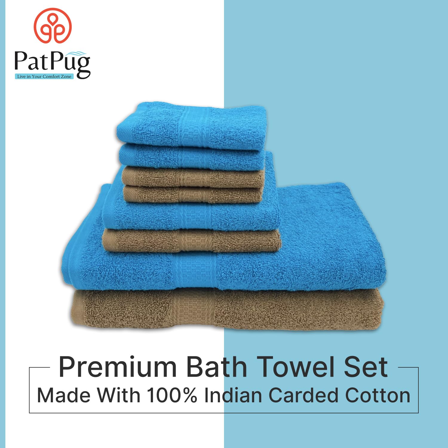Patpug 100% Indian Cotton Plush Towel Set 2000 Gsm | Highly Absorbent, Fade Resistant, Quick Drying 2 Bath, 2 Hand & 4 Face Towel (Turquoise Blue & Sepial Brown) - 8 Piece