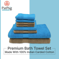 Patpug 100% Indian Cotton Plush Towel Set 2000 Gsm | Highly Absorbent, Fade Resistant, Quick Drying 2 Bath, 2 Hand & 4 Face Towel (Turquoise Blue & Sepial Brown) - 8 Piece