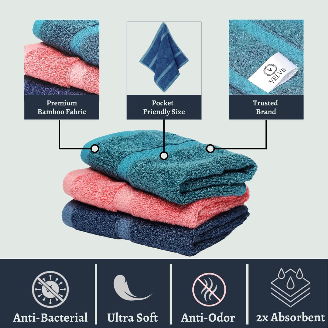 Velve 100% Bamboo Face Towel 600 Gsm | 2x Softer & Absorbent Than Cotton Towels | Skin Friendly With Non-Toxic Colors (Teal, Royal Blue & Pink)- Pack Of 3