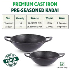 Pre-Seasoned Black Cast Iron Cookware Set - Kadai 20.3cm, 1.4 Liters + Kadai 25.2cm, 2.2 Liters | Kitchen Cooking Combo Pots & Pans Set Of 2 Pcs - Naturally Nonstick