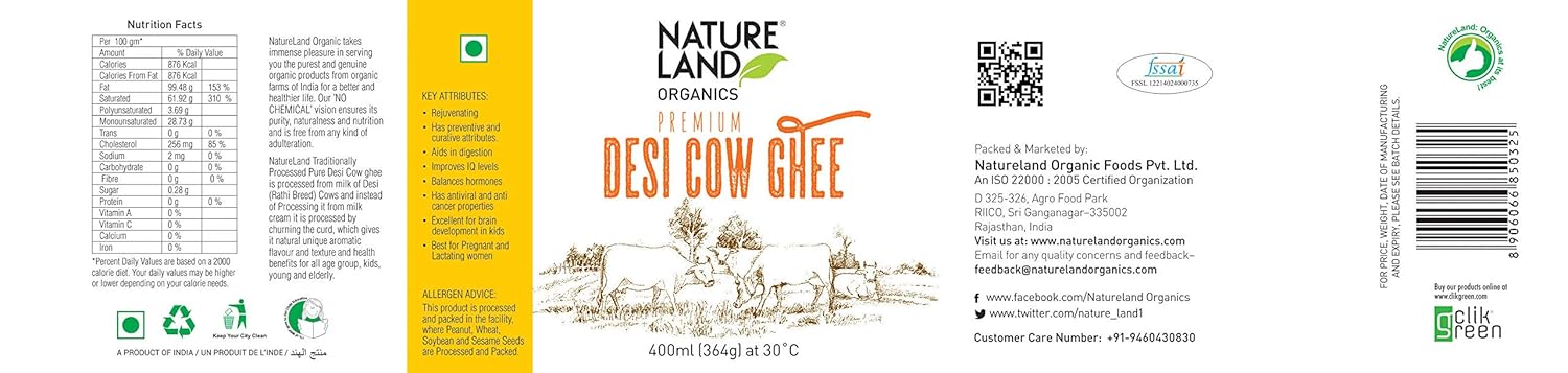 Premium A2 Desi Cow Ghee By Natureland Organics | Delicious & Nutritious Healthy Desi Cow Ghee Body Muscles | 800ml (400ml * 2) 27.0 Ounce | Jar Pack