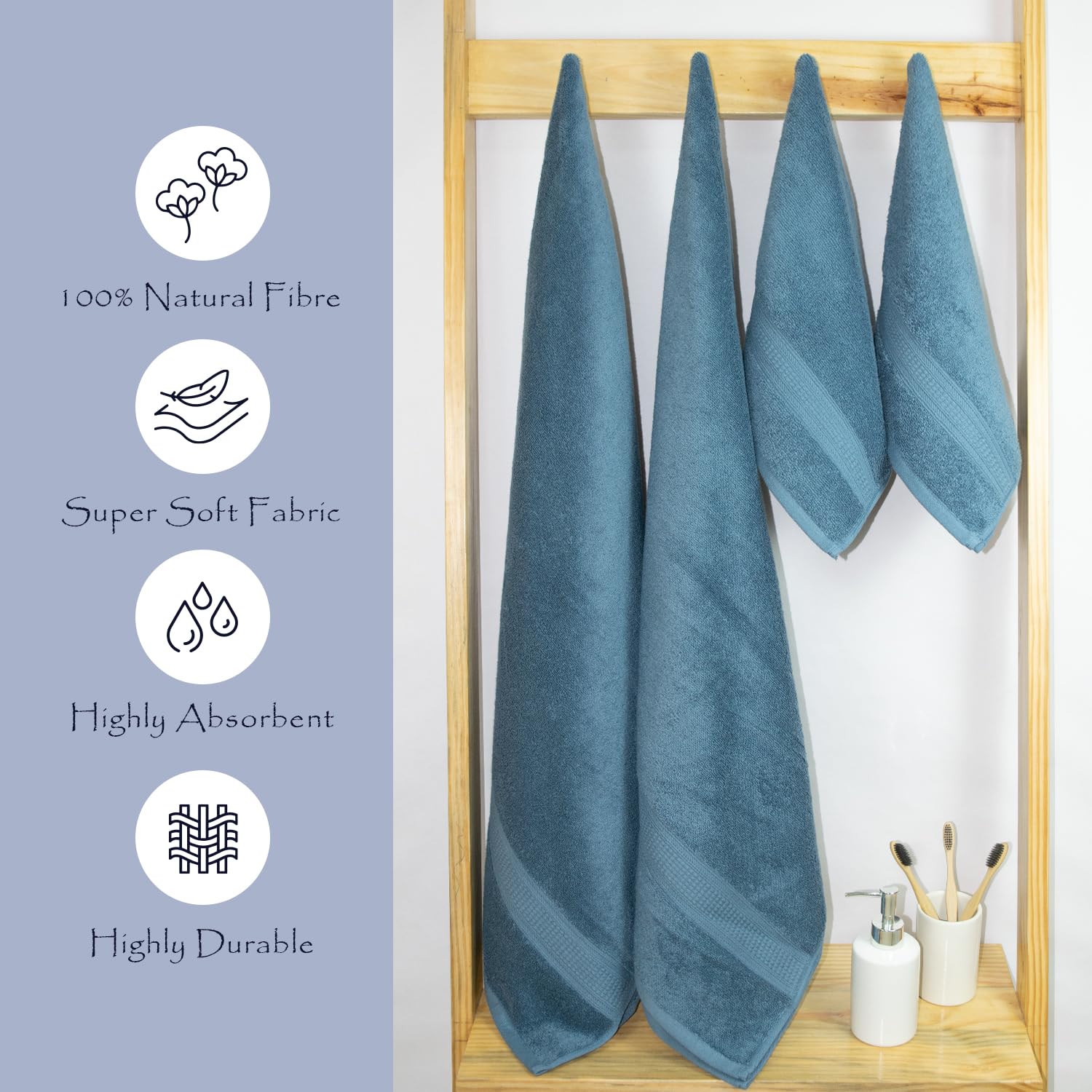Rangoli 100% Cotton Fibre 2 Bath & 2 Hand Towel 1400 Gsm | Highly Durable & Super Absorbent Towel | Skin-Friendly & Quick Drying Luxury Towels (Blue) - Pack Of 4