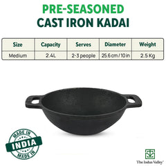 Pre-Seasoned Black Cast Iron Kadai With Flat Handle - Medium, 25.6cm, 10 Inch, 2.4 Liters, 2.5 Kg | Naturally Nonstick Wok Model Kadhai, 100% Pure & Toxin-Free, No Chemical Coating