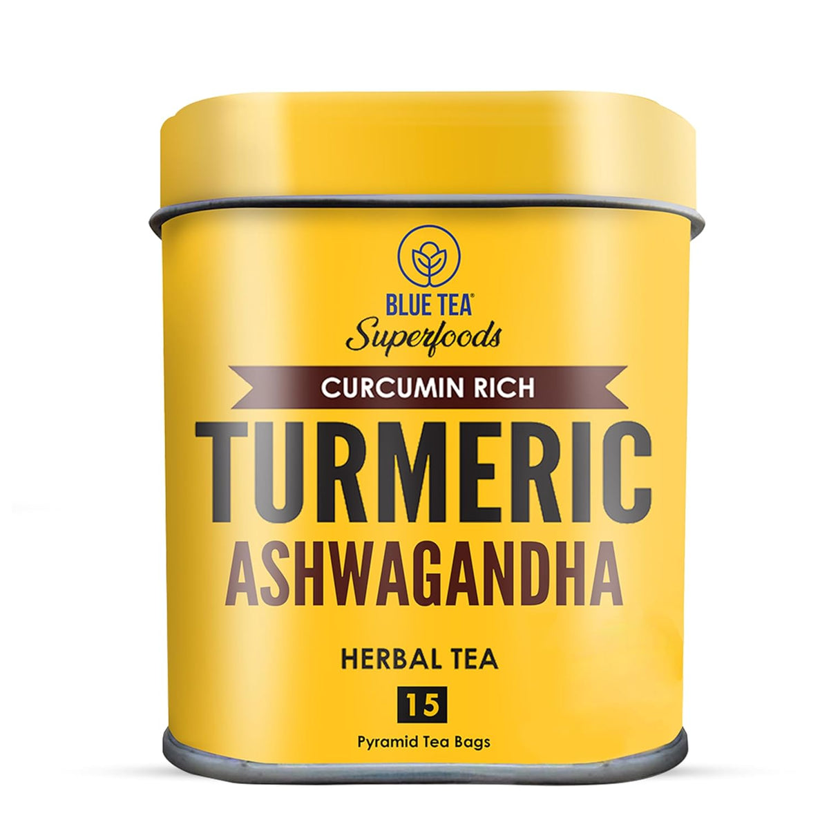 Blue Tea Curcumin Rich Turmeric Ashwagandha Herbal Tea - 15 Pyramid Tea Bags In Reusable Tin Pack | Enhances Immune System - Caffeine Free, Gluten Free, Non-GMO
