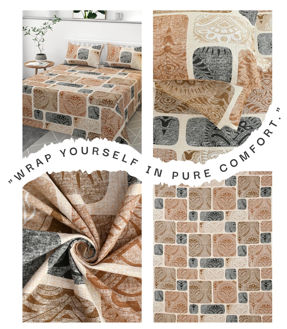 100% Pure Cotton Double Bedsheet With 2 Pillow Covers - 90 X 90 Inches, Brown & White | Soft, Breathable & Skin-Friendly Fade Resistant Double Bedsheet