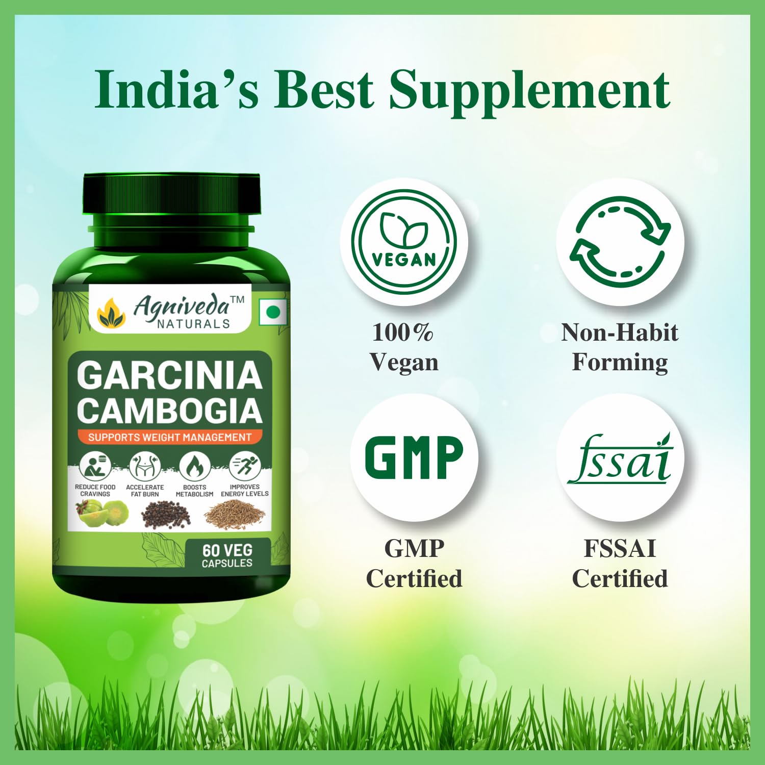 Agniveda Naturals Garcinia Cambogia Capsules Natural Weight Loss Supplement 1000mg Extract, Supports Metabolism & Energy, Supports Appetite Control, Reduce Fat Storage | 60 Capsules 100gm 0.2lbs