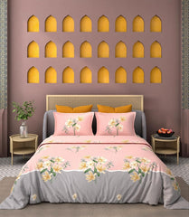 Printed King Size Double Bedsheet With 2 Large Pillow Cover - Size 72 X 78 X 10 Inches, Peach & Grey | Cotton Elastic Fitted All Around Bedsheet - Breathable & Wrinkle Free