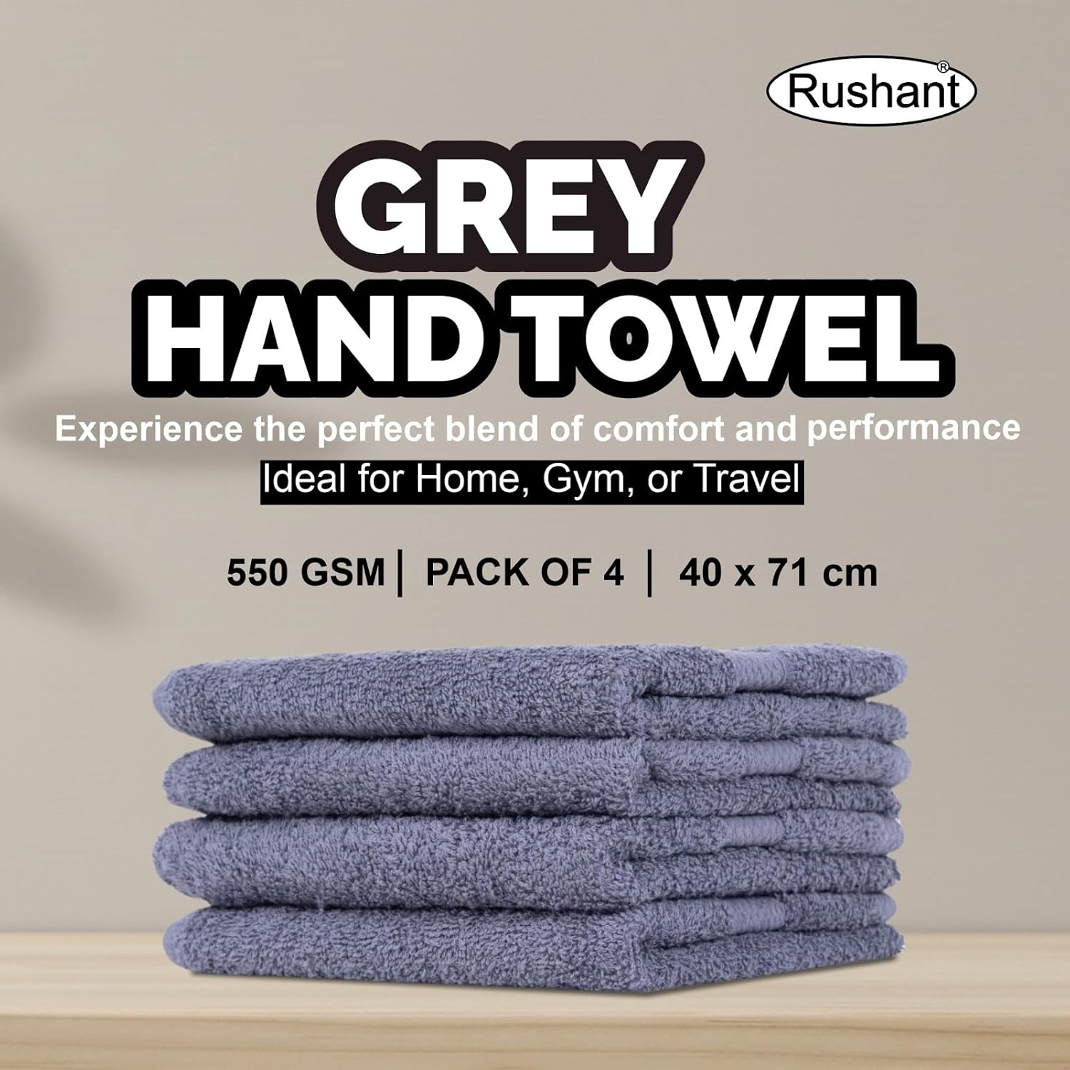 Rushant 100% Combed Cotton Hand Towels 600 Gsm | Ultra Soft, Quick Dry & Super Absorbent For Home, Gym & Travel (Grey) - Set Of 4