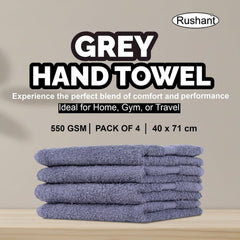 Rushant 100% Combed Cotton Hand Towels 600 Gsm | Ultra Soft, Quick Dry & Super Absorbent For Home, Gym & Travel (Grey) - Set Of 4