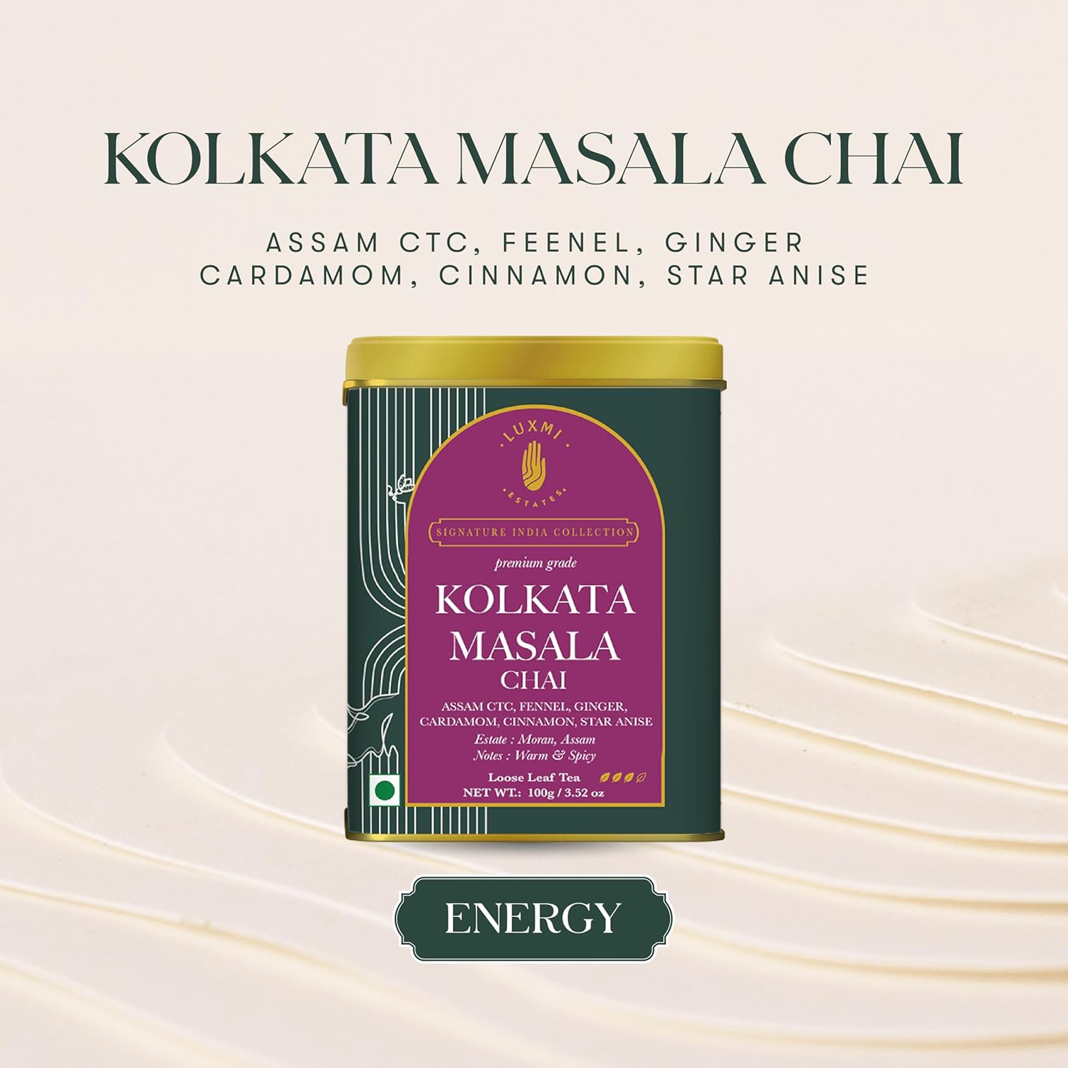 Luxmi Estates Kolkata Masala Chai - 100gm, 3.5 Ounce | USDA Certified Organic Tea - Medium Caffeine Tea | Made With Fennel, Ginger Tea, Cardamom, Cinnamon, Star Anise - Assam Valley Tea