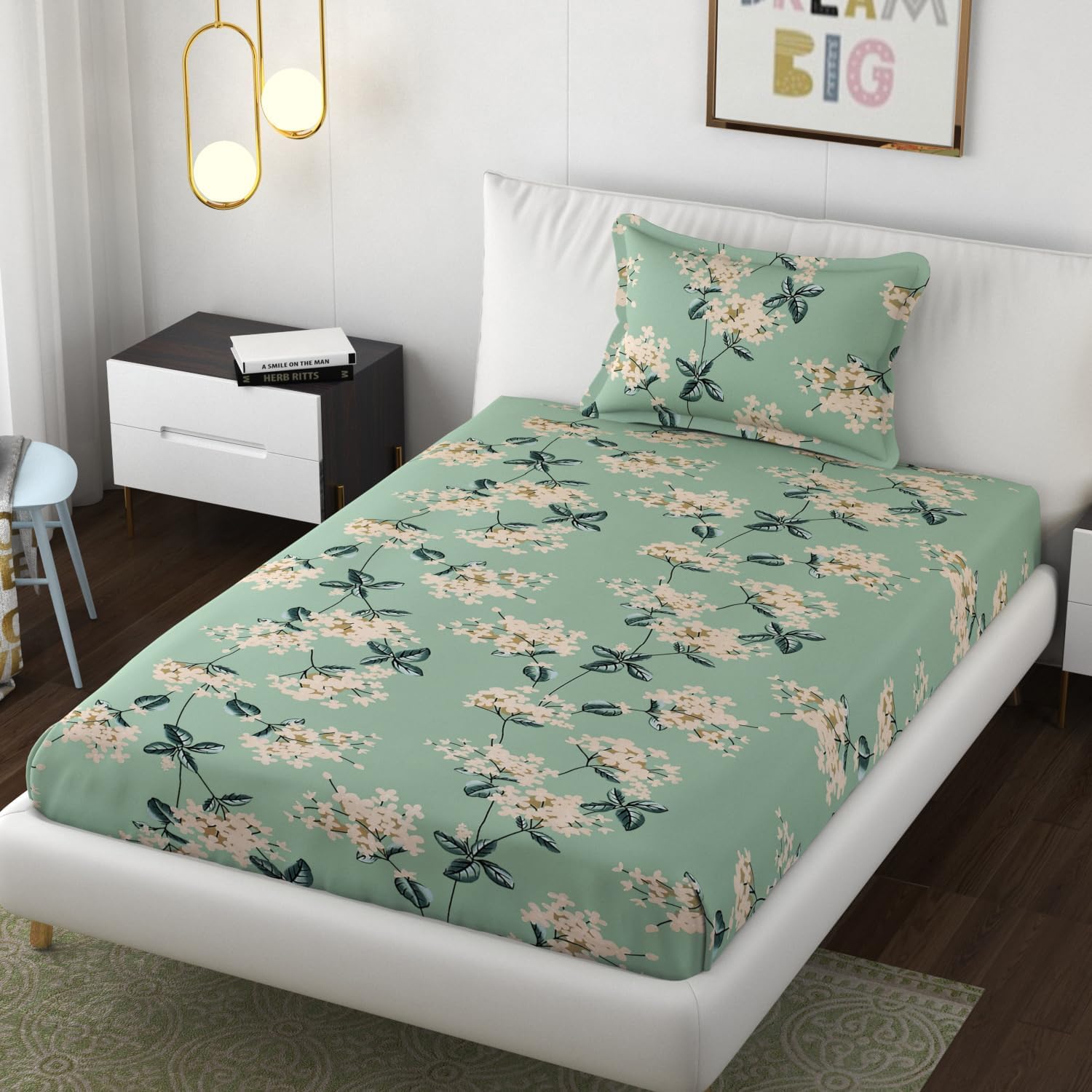 Premium Cotton Elastic Fitted 1 Single Bedsheets With 1 Large Pillow Covers | Size 36 X 78 Inches, Pista Green - Wrinkle Free & Soft Touch Summer Bedsheet
