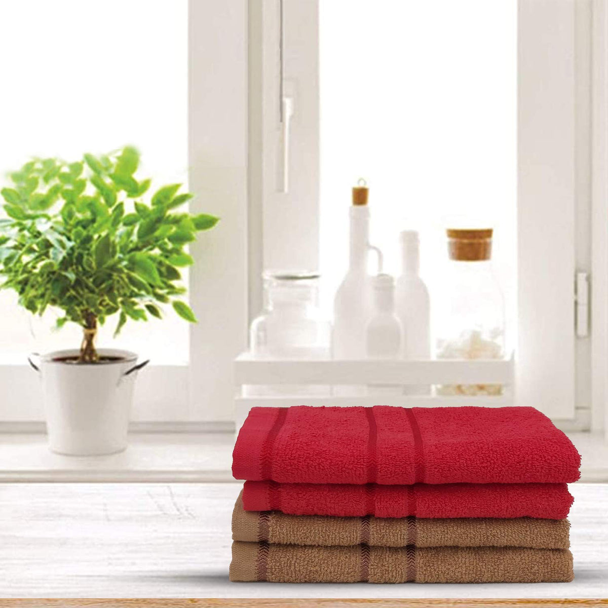 Sassoon Melrose 100% Cotton Hand Towel 800 Gsm | Highly Absorbent, Soft Material Perfect For Daily Use (Red & Brown) -4 Piece