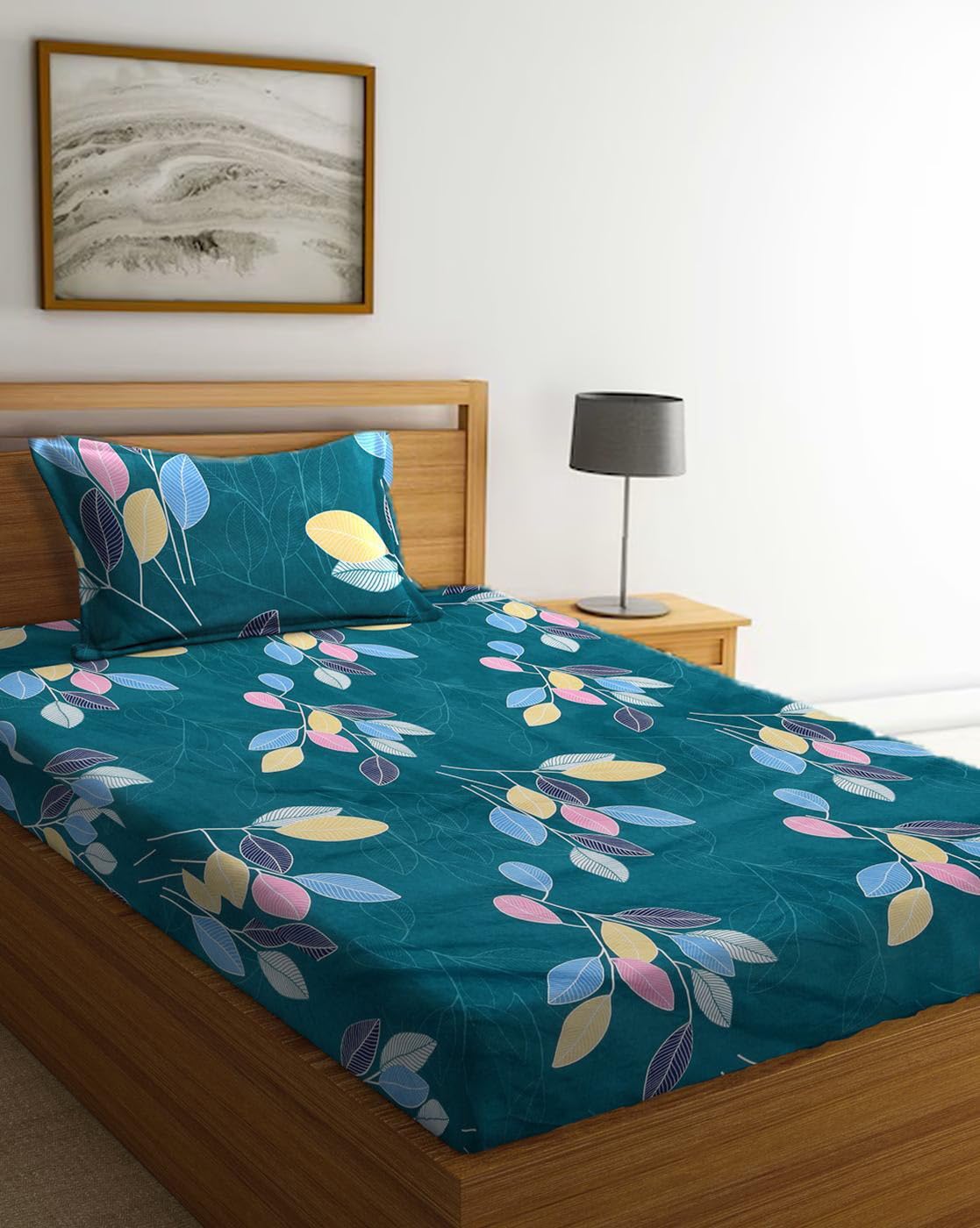 Printed Single Bedsheet With 1 Large Pillow Cover - Size - 42 X 75 X 8 Inches, Dark Green | Cotton Feel All Around Elastic Fitted Glace Bedsheet