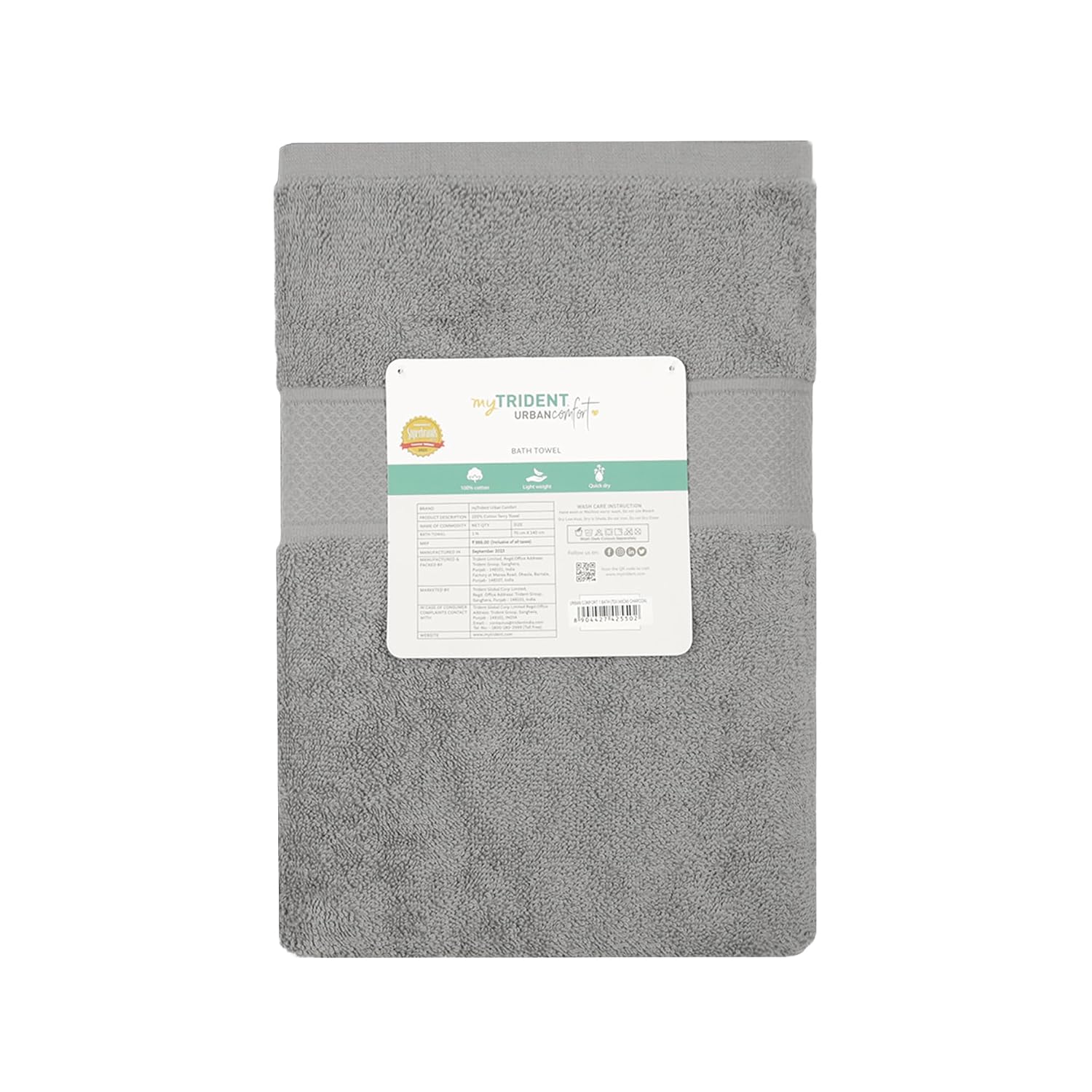 Trident 100% Cotton Large Size Bath Towel Soft & Absorbent 450 Gsm | Urban Comfort (Charcoal)