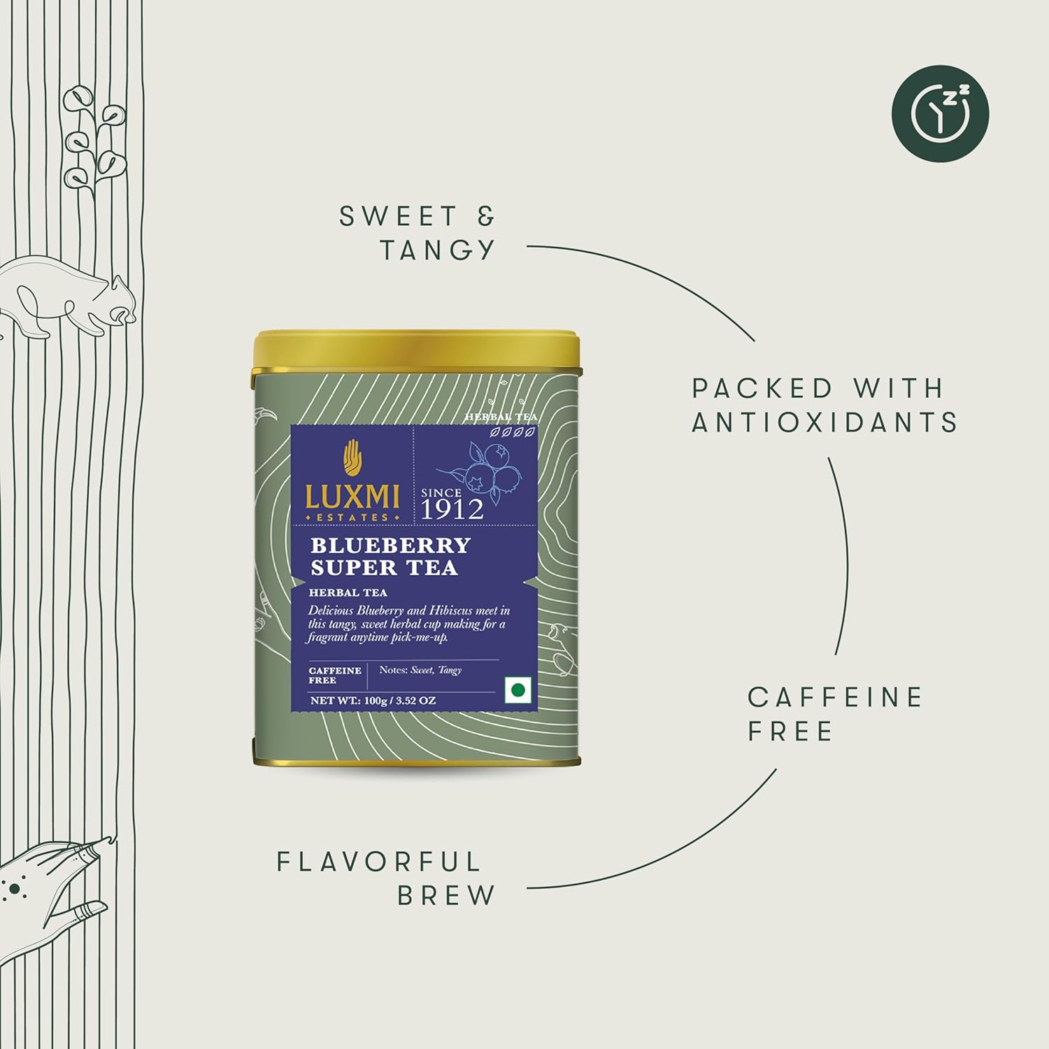 Luxmi Estates Blueberry Super Tea - 100gm Tin Caddy, 3.5 Ounce, 50 Cups | Certified Organic Herbal Tea - 100% Biodegradable & Plastic Free | Caffeine Free, Natural, Additives Free Herbal Tea