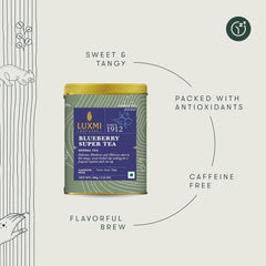 Luxmi Estates Blueberry Super Tea - 100gm Tin Caddy, 3.5 Ounce, 50 Cups | Certified Organic Herbal Tea - 100% Biodegradable & Plastic Free | Caffeine Free, Natural, Additives Free Herbal Tea