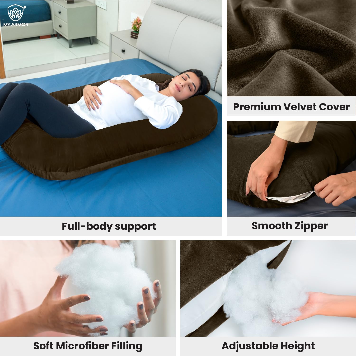 Full Body J Shape Pregnancy Pillow For Women, Maternity Pillow, Brown Color | Pillow Gift For Pregnancy Sleeping, Premium Velvet Cover With Zip | Adjustable & Washable Pillow